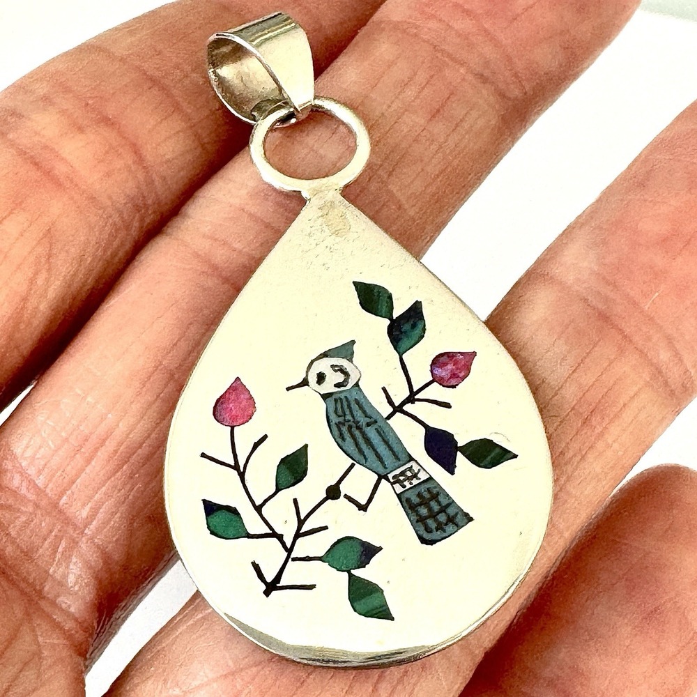 Zuni‎ Blue Jay Bird Pendant 2in Turquoise Signed Boyd Native Amer Sterling Inlay